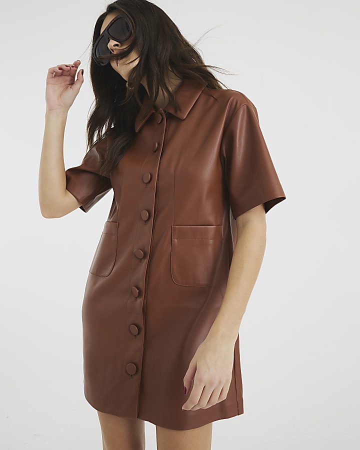 Faux Leather Shirt Dress