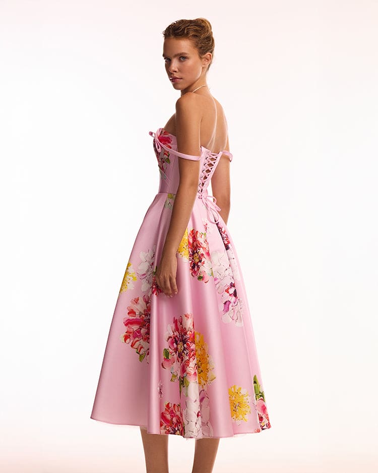 Blushing Blossom Tea-Length Pink Floral Dress