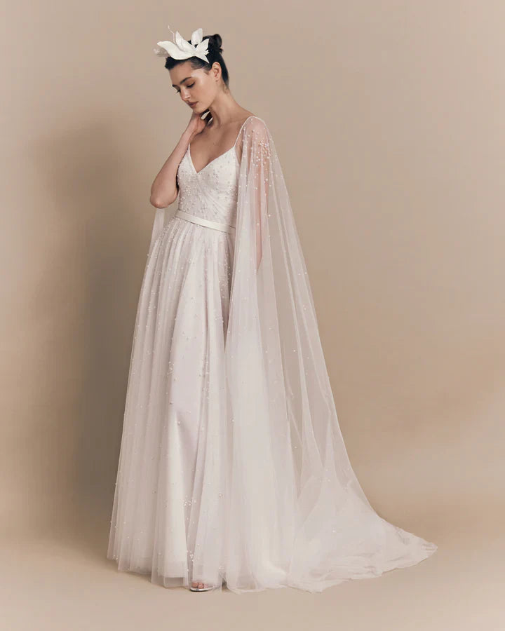 Ethereal Pearl Cape Gown