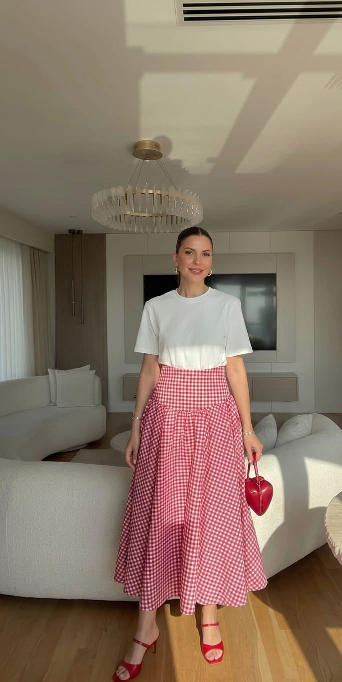 Rosé Check Midi Skirt