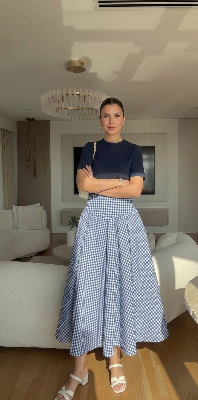 Rosé Check Midi Skirt